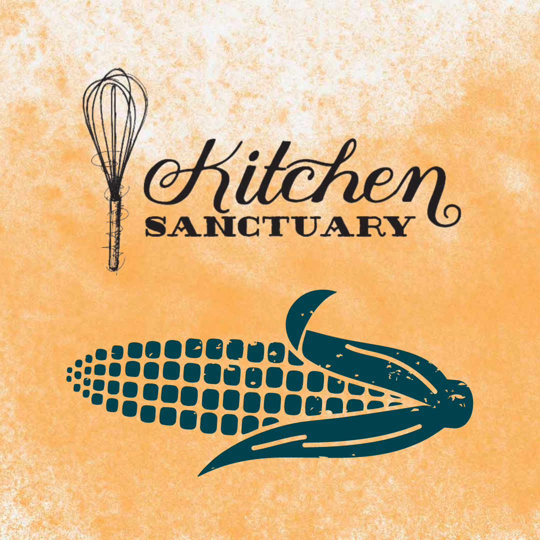 The logo for Kitchen Sanctuary with a whisk illustration to the left. Below is an illustration of an ear of corn in teal. The background is a textured sandy orange.