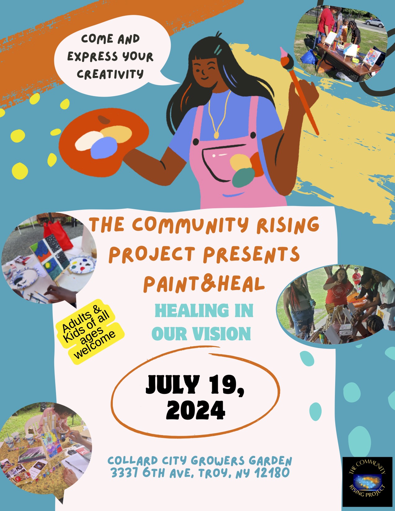 Multi-colored paint background with photos of youth painting and displaying paintings, and a cartoon-style illustration of a girl with brown skin and long black hair holding a painting palette, smiling, and saying "come and express your creativity"