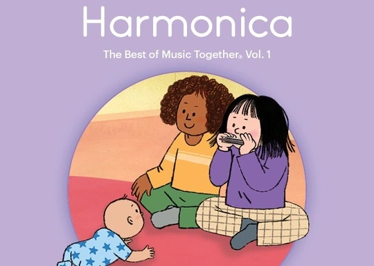 illustrated image of two parents sitting together, one playing harmonica, while a baby crawls towards them. Text reads "Harmonica collection"