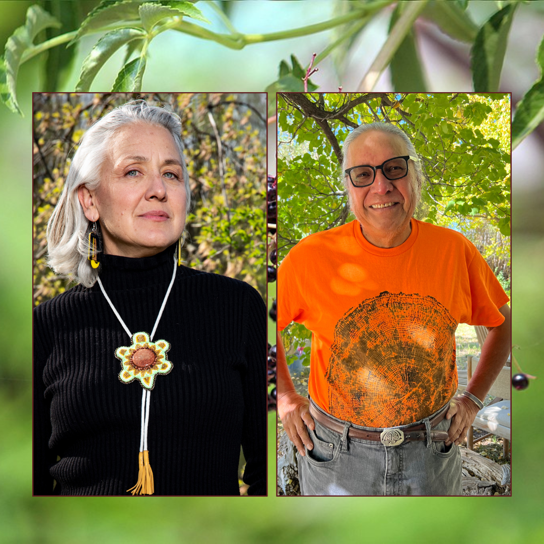 a headshot of Kahstoserakwathe Paulette Moore and Ted Jojola are next to one another, both taken outside, with a blurry green background connecting the two photos