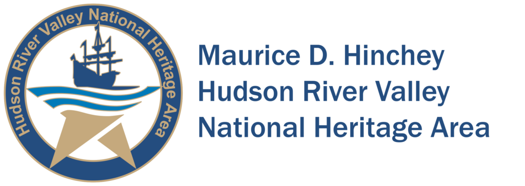 logo reads "Maurice D. Hinchey Hudson River Valley National Heritage Area" on the right and left side has a blue circle with a old tall ship and star inside.