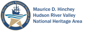 logo reads "Maurice D. Hinchey Hudson River Valley National Heritage Area" on the right and left side has a blue circle with a old tall ship and star inside.