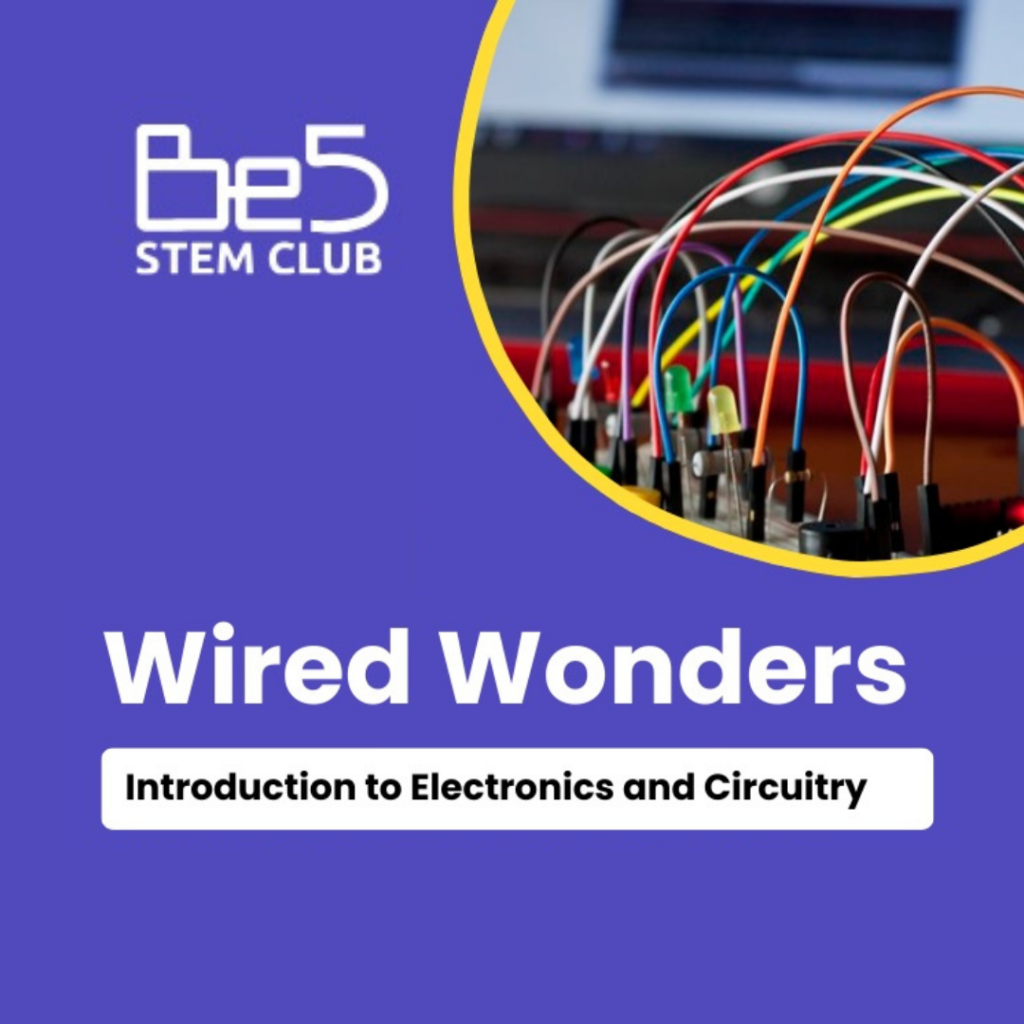 an image of colorful wires with the text "wired wonders, introduction to electronics and circuitry"