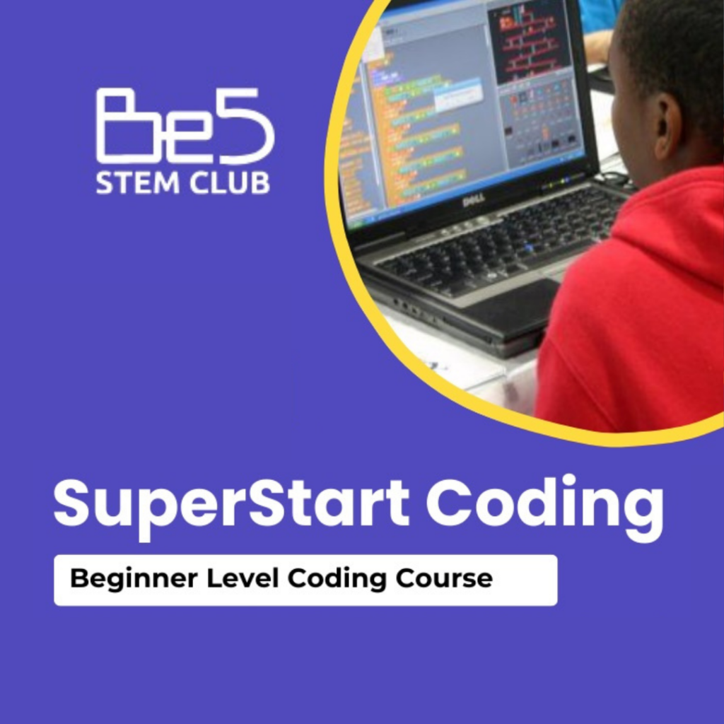 an image of a young kid on a computer with the text "SuperStart Coding, Beginner Level Coding Course" by Be5 STEM