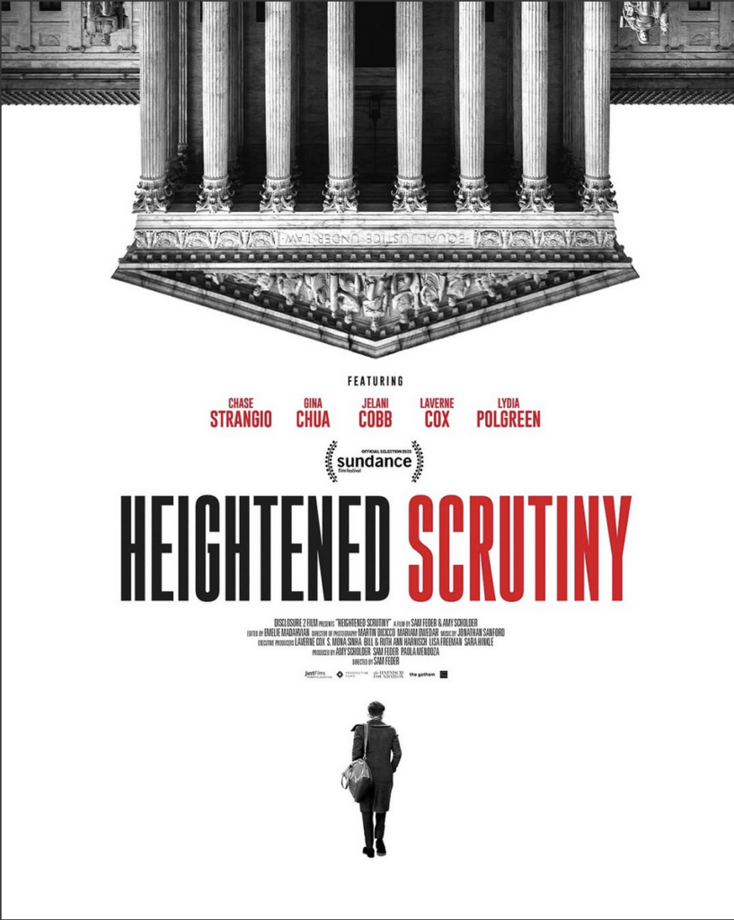 the poster for the film "Heightened Scrutiny" with a stark white background and a small person and the bottom and an upside down supreme court building at the top. The film's title is in black and red